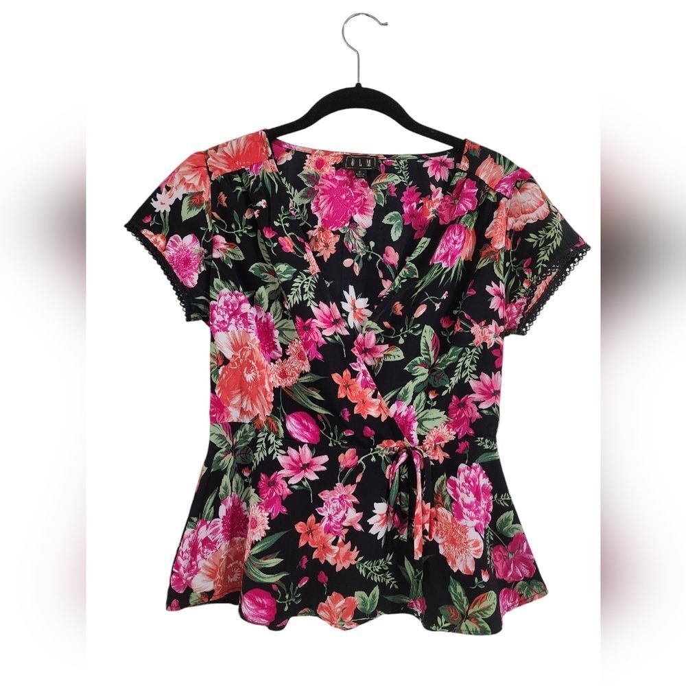 OLM women's black/pink floral wrap style peplum shirt, size S